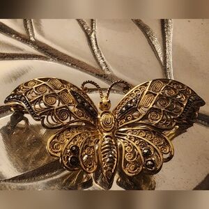 Filigree Silver Gilt & Marcasite Butterfly Broach, Vintage 1940's